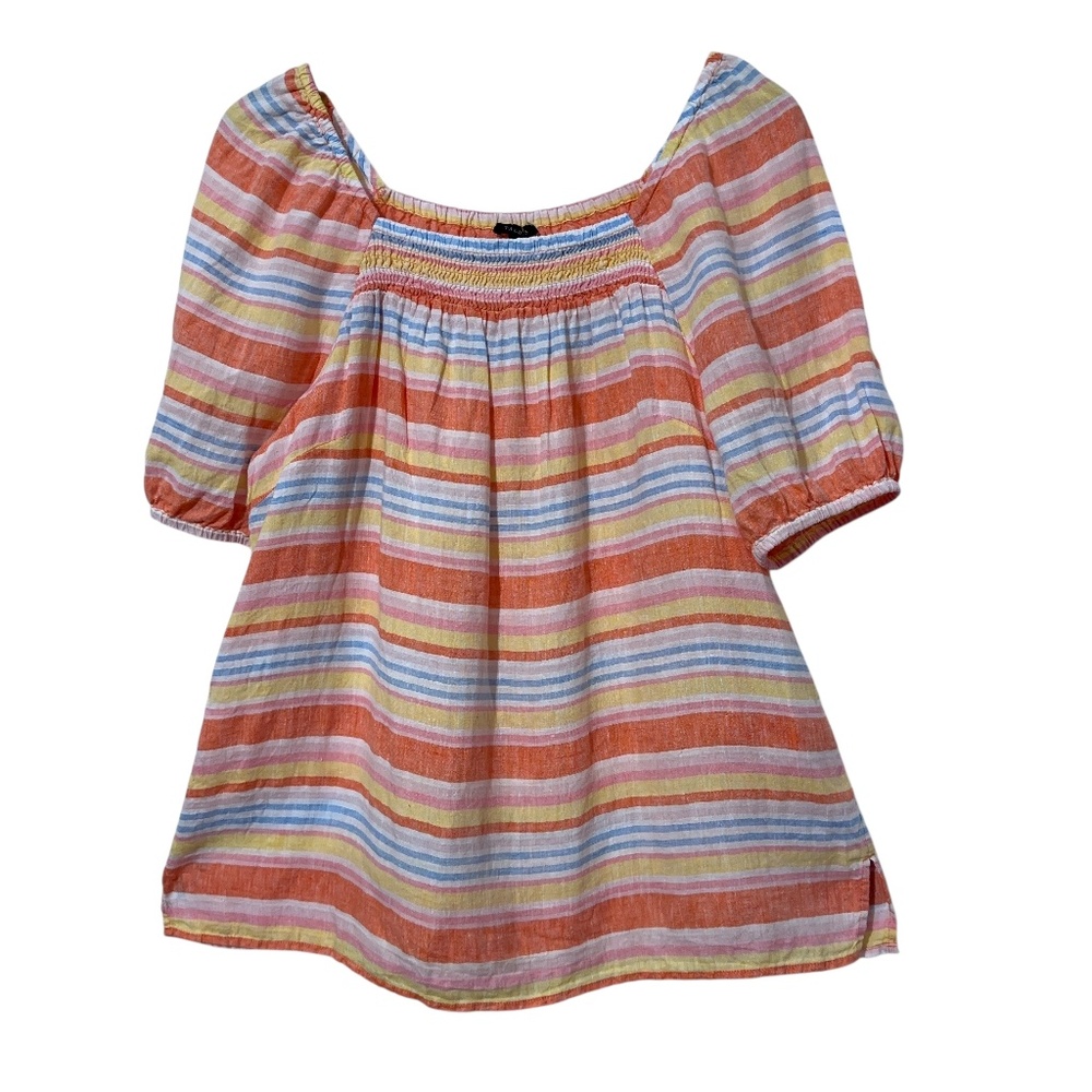 Talbots Striped Linen Top Womens Size L Puff Sleeves